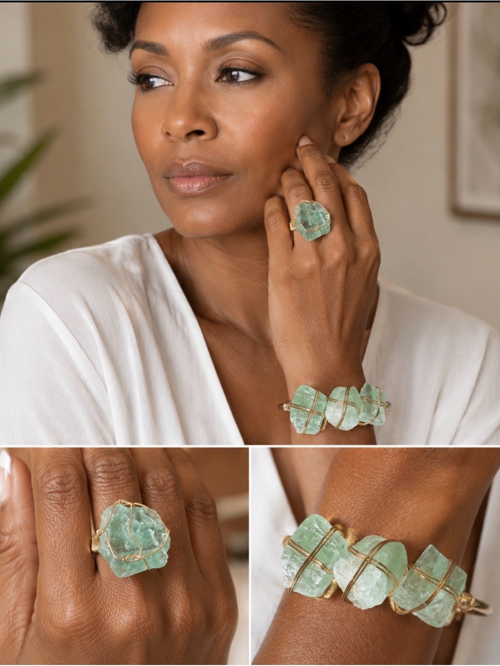 2pcs adjustable Gold-Wire Wrapped Green Crystal Bracelet and Ring Set